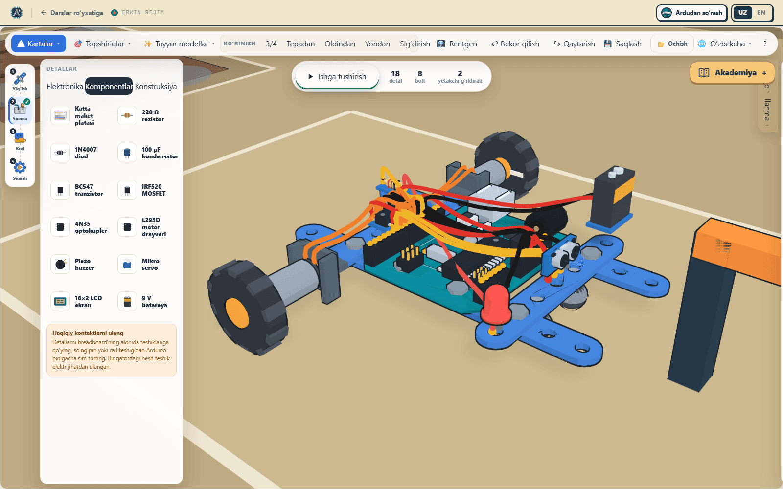 Arduino roverining rangli simlari va elektron komponentlari