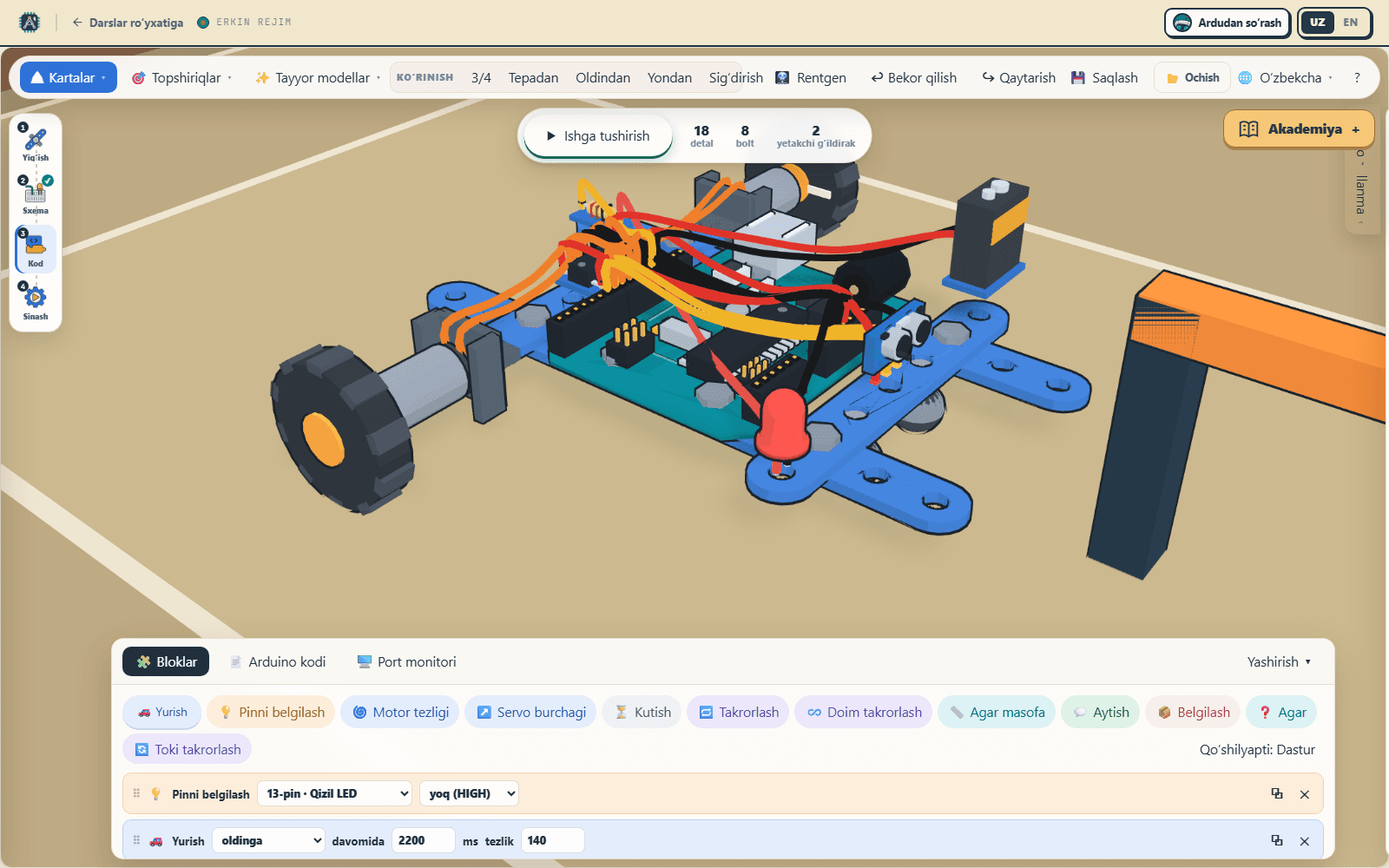 Arduinium blokli dasturlash paneli va rover sahnasi