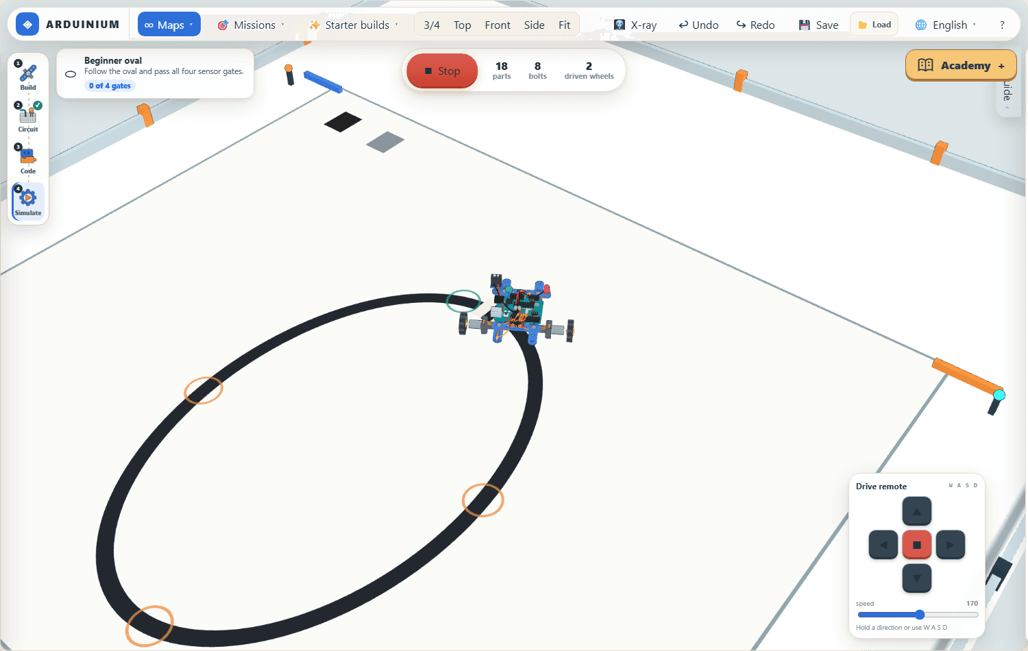 Arduinium sinov maydonida qora oval chiziqni kuzatayotgan line-follower rover